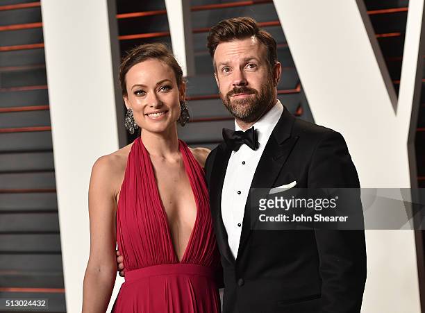 Actress Olivia Wilde and actor Jason Sudeikis arrive at the 2016 Vanity Fair Oscar Party Hosted By Graydon Carter at Wallis Annenberg Center for the...