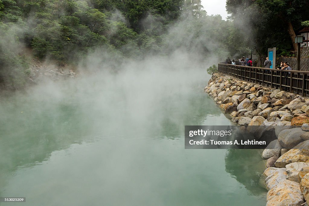 People at the steaming Hell Valley in Taipei