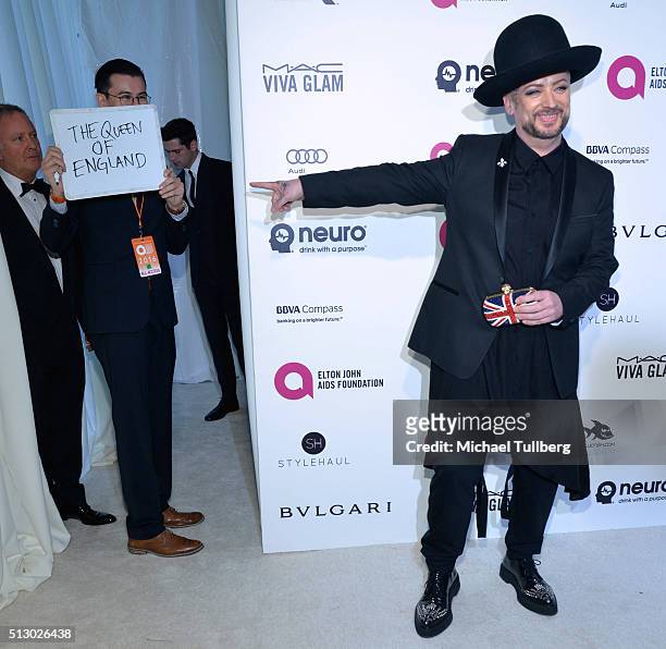 Singer/DJ Boy George attends the 24th annual Elton John AIDS Foundation's Oscar viewing party on February 28, 2016 in West Hollywood, California.