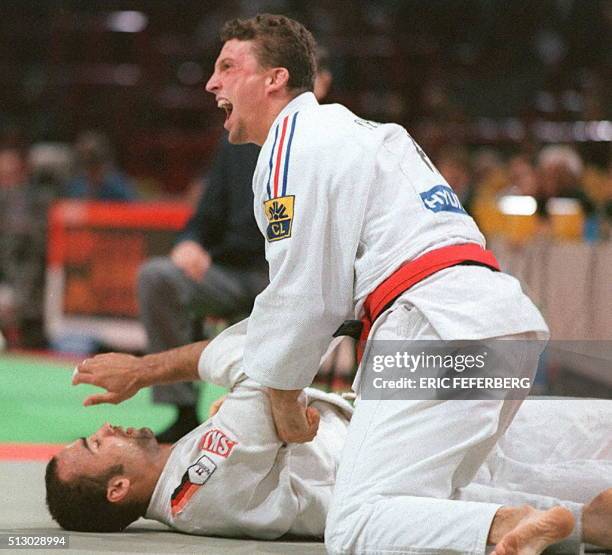 Ghislain Lemaire jubilates after defeating German Dani Guerschner and finishing third in the under 95 kg category during the Judo World Championships...