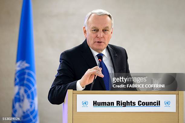 French Foreign Minister Jean-Marc Ayrault delivers a speech at the opening of the United Nations Human Rights Council's main annual session in Geneva...