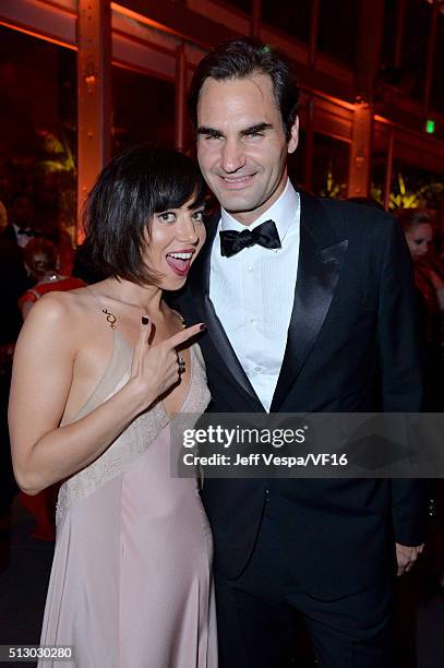 Actress Aubrey Plaza and tennis player Roger Federer attend the 2016 Vanity Fair Oscar Party Hosted By Graydon Carter at the Wallis Annenberg Center...
