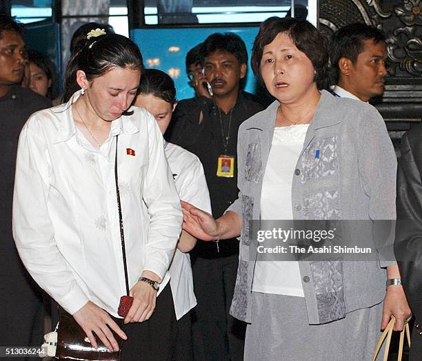 Former Japanese abductee Hitomi Soga welcomes her daughter Belinda and Mika , upon arriving at the Jakarta International Airport July 9, 2004 in...