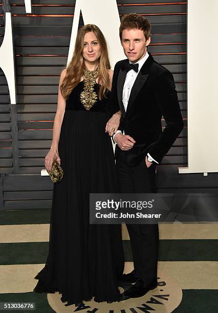 Hannah Bagshawe actor Eddie Redmayne arrive at the 2016 Vanity Fair Oscar Party Hosted By Graydon Carter at Wallis Annenberg Center for the...