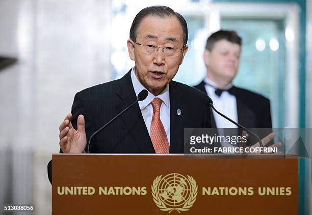 United Nations Secretary General Ban Ki-moon gestures during a press briefing on the sidelines of the main annual session of the United Nations Human...