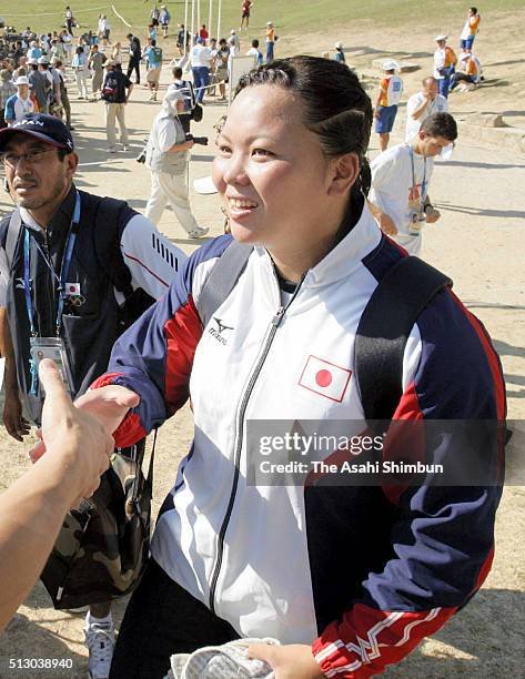 Chinatsu Mori of Japan competes in the Women's Shot Put qualification at the Ancient Olympia Stadium during day five of the Athens Olympics on August...