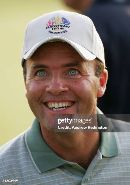 Thomas Levet of France smiles during the first practice day for the 35th Ryder Cup Matches at the Oakland Hills Country Club on September 14, 2004 in...