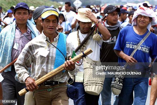 Indigenous peasants carrying truncheons march 14 September, 2004 along the Pan American highway on the stretch between the cities of Quilichao and...