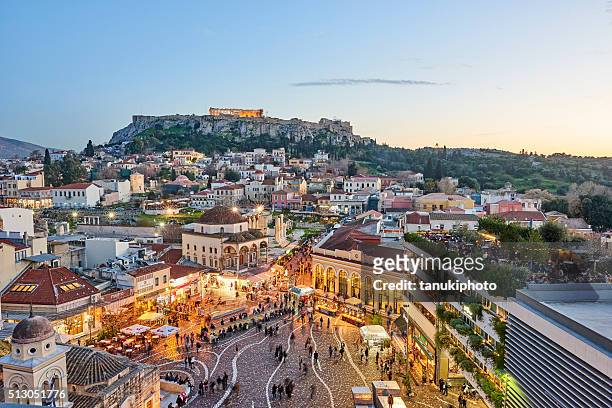 city of athens and acropolis by evening - athens stock pictures, royalty-free photos & images