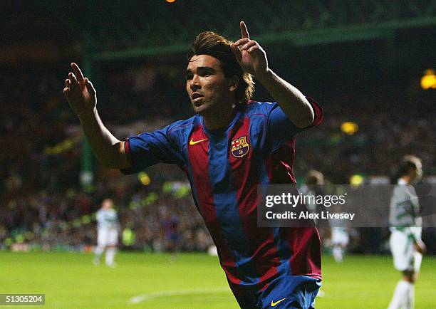 Deco of Barcelona celebrates his goal against Celtic during the UEFA Champions League Group F match between at Celtic Park on September 14, 2004 in...