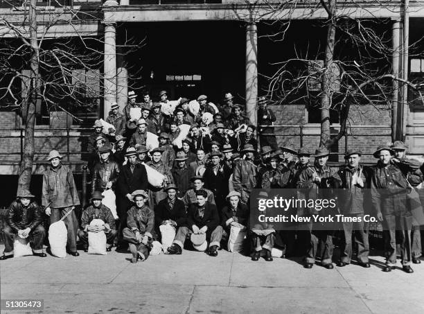 Recruits for the Forest Army of President Roosevelt's Civilian Conservation Corps in uniform after having passed their physical examinations, Fort...