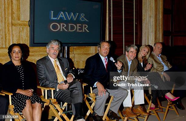 Epatha Merkerson, Dennis Farina, Dick Wolf, Sam Waterston, Elisabeth Rohm and Fred Thompson answer questions during a press conference welcoming...