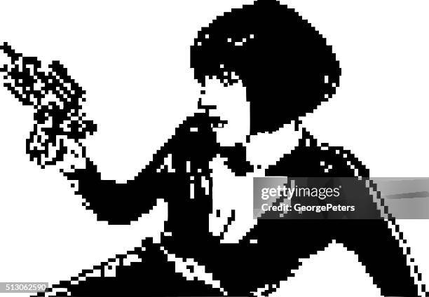 digital bitmap portrait of retro space woman aiming ray gun - bitmap pattern stock illustrations