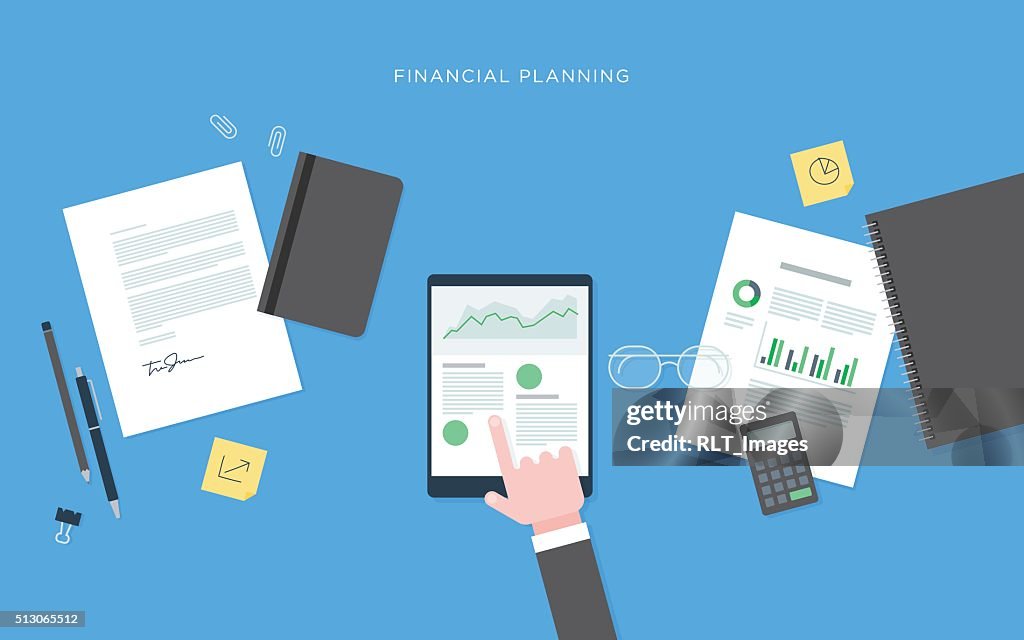 Flat illustration of person at desk with tablet, financial planning