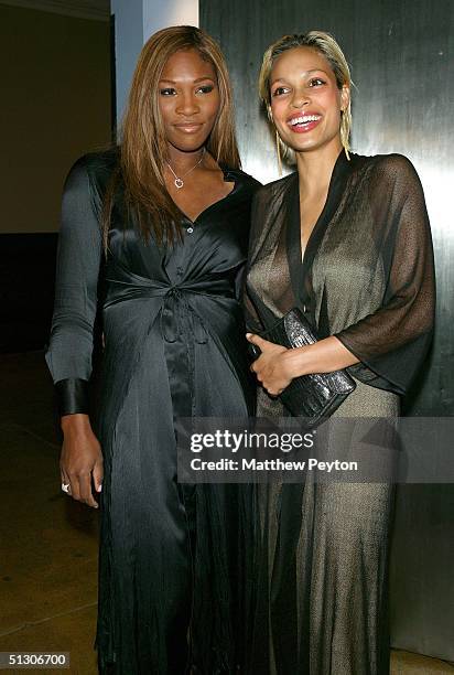 Tennis player Serena Williams and actress Rosario Dawson attend the Calvin Klein Show during Olympus Fashion Week Spring 2005 at the Milk Studios...
