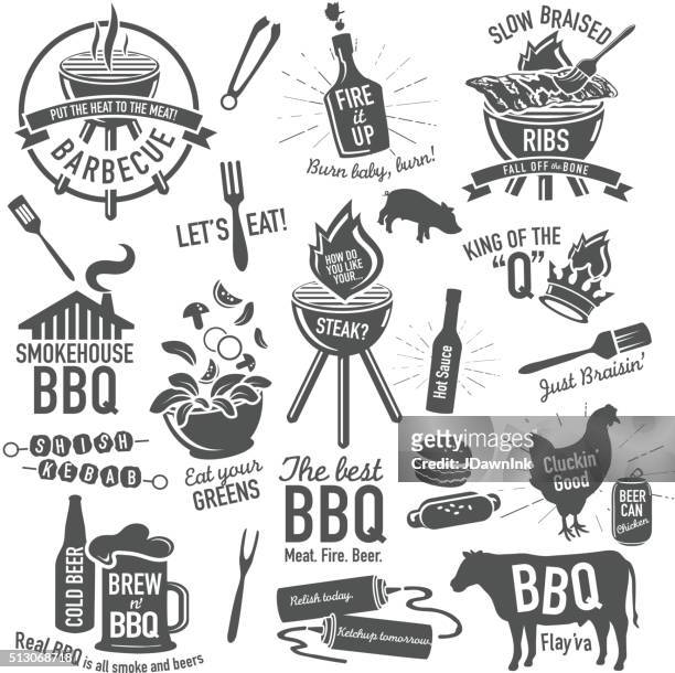 ilustrações de stock, clip art, desenhos animados e ícones de conjunto de ícones de tema para churrasco etiquetas com frases ou ditados - burger on grill
