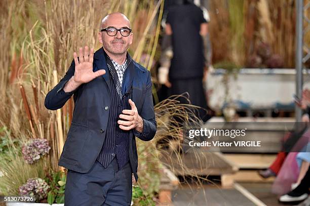 Fashion designer Antonio Marras walks the runway at the Antonio Marras fashion show during Milan Fashion Week Fall/Winter 2016/2017 on February 27,...