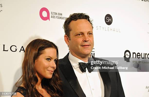 Actor Vince Vaughn and Kyla Weber attend the 24th Annual Elton John AIDS Foundation's Oscar Viewing Party on February 28, 2016 in West Hollywood,...