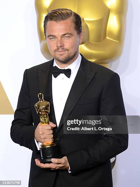 Actor Leonardo DiCaprio inside the press room for the 88th Annual Academy Awards held at Loews Hollywood Hotel on February 28, 2016 in Hollywood,...