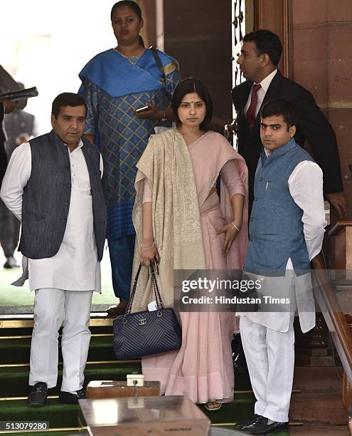 Samajwadi Party leaders Dharmendra Yadav, Dimple Yadav, Tej Pratap Singh Yadav at Parliament House during the Budget Session on February 29, 2016 in...