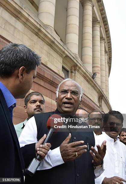 Congress leader Mallikarjun Kharge at Parliament House during the Budget Session on February 29, 2016 in New Delhi, India. Presenting his third Union...