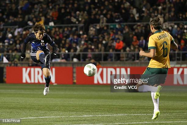Iwashimizu Azusa of Japan kicks the ball during the AFC Women's Olympic Final Qualification Round match between Australia and Japan at Kincho Stadium...