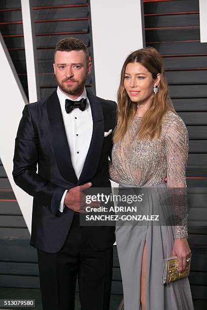 Singer and actor Justin Timberlake and wife, US actress Jessica Biel, pose as they arrive to the 2016 Vanity Fair Oscar Party on Sunday, February 28,...