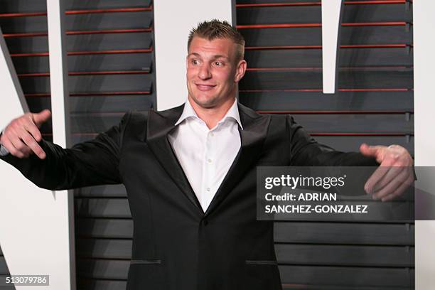 Football player Rob Gronkowski poses as he arrives to the 2016 Vanity Fair Oscar Party on Sunday, February 28, 2016 in Beverly Hills, California. /...