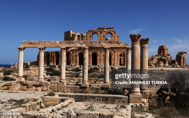 Picture taken on February 29, 2016 shows the Roman amphitheatre of the ancient city of Sabratha, considered as the most complete in the world, as it...