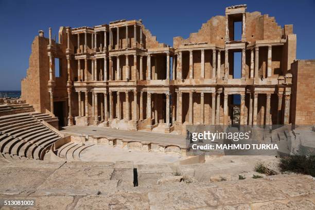 Picture taken on February 29, 2016 shows the Roman amphitheatre of the ancient city of Sabratha, considered as the most complete in the world, as it...