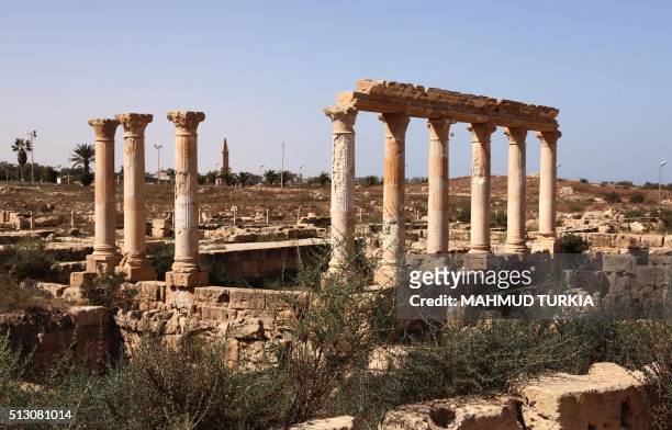 Picture taken on February 29, 2016 shows the ruins of the ancient city of Sabratha, considered as the most complete in the world, as it stands in the...