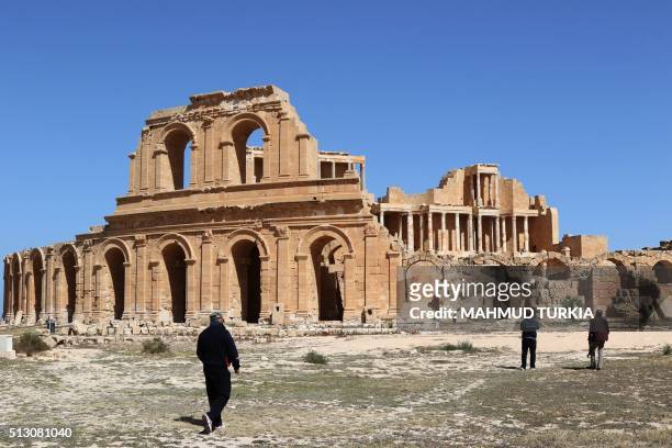 Picture taken on February 29, 2016 shows the Roman amphitheatre of the ancient city of Sabratha, considered as the most complete in the world, as it...