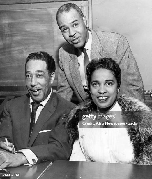 Marguerite Belafonte, Duke Ellington and former National Association for the Advancement of Colored People leader Roy Wilkins at Hotel Roosevelt...