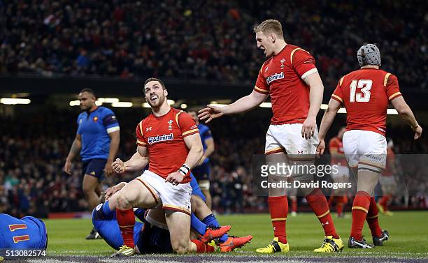 George North of Wales celebrates scoring a try during the RBS Six Nations match between Wales and France at the Principality Stadium on February 26,...