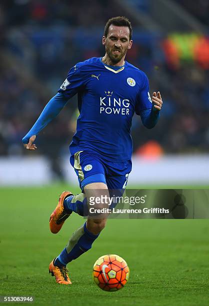 Christian Fuchs of Leicester City in action during the Barclays Premier League match between Leicester City and Norwich City at The King Power...