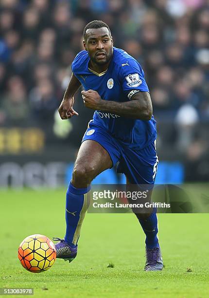Wes Morgan of Leicester City in action during the Barclays Premier League match between Leicester City and Norwich City at The King Power Stadium on...