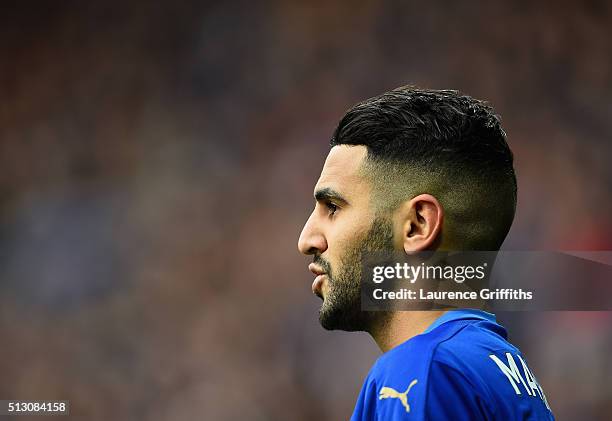 Riyad Mahrez of Leicester City looks on during the Barclays Premier League match between Leicester City and Norwich City at The King Power Stadium on...
