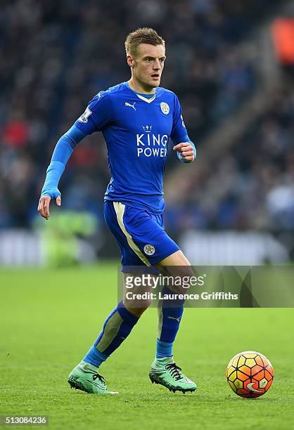 Jamie Vardy of Leicester City in action during the Barclays Premier League match between Leicester City and Norwich City at The King Power Stadium on...