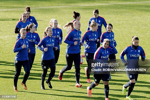 Netherlands' women's national football team players take part in a training session in Capelle aan de IJssel ahead of the Olympic Games...