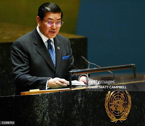 This file photo dated 17 September 2002 shows Thai Foreign Minister Surakiart Sathirathai addressing the 57th session of the United Nations General...