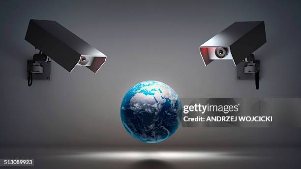 globe with security cameras, artwork - big brother orwellian concept stock illustrations