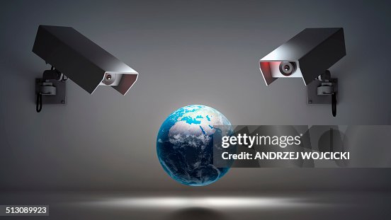 Globe with security cameras, artwork Globe with security cameras, artwork