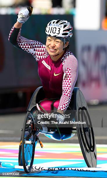 Wakako Tsuchida of Japan celebrates winning the Women's Wheelchair during the Tokyo Marathon 2016 on February 28, 2016 in Tokyo, Japan.