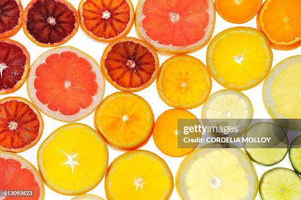 slices of citrus fruit - bloedsinaasappel stockfoto's en -beelden