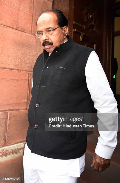 Former Minister and Lok Sabha MP Veerappa Moily after attending the Parliament Budget Session ahead of the release of the budget at Parliament House...