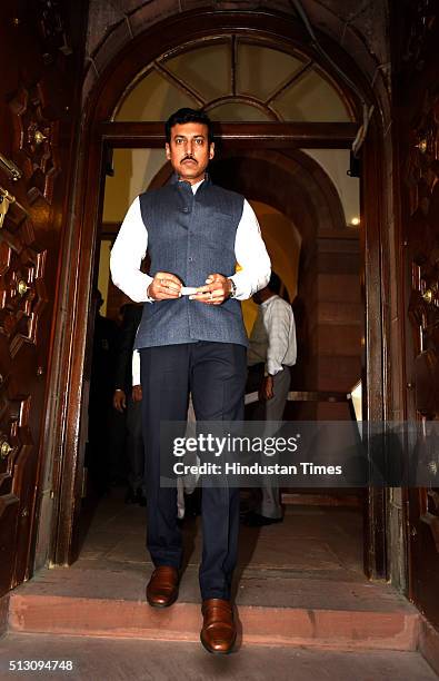 Minister of State for Information and Broadcasting Rajyavardhan Rathore after attending the Parliament Budget Session ahead of the release of the...