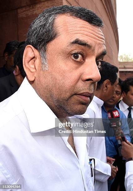 Paresh Rawal after attending the Parliament Budget Session ahead of the release of the budget at Parliament House on February 29, 2016 in New Delhi,...