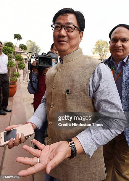 Union Minister of State for Home Affairs Kiren Rijiju arrives for attending the Parliament Budget Session ahead of the release of the budget at...
