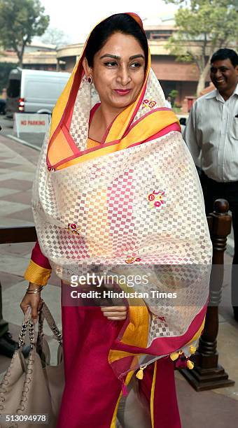 Minister of Food Processing Industries Harsimrat Kaur Badal arrives for attending the Parliament Budget Session ahead of the release of the budget at...