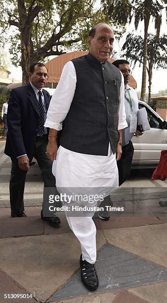 Union Home Minister Rajnath Singh arrives for attending the Parliament Budget Session ahead of the release of the budget at Parliament House on...